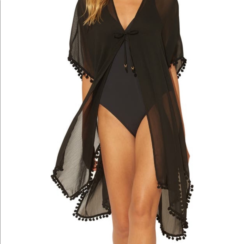 Bleu Ron Beatie black fringe/Pom Pom sheer cover-up